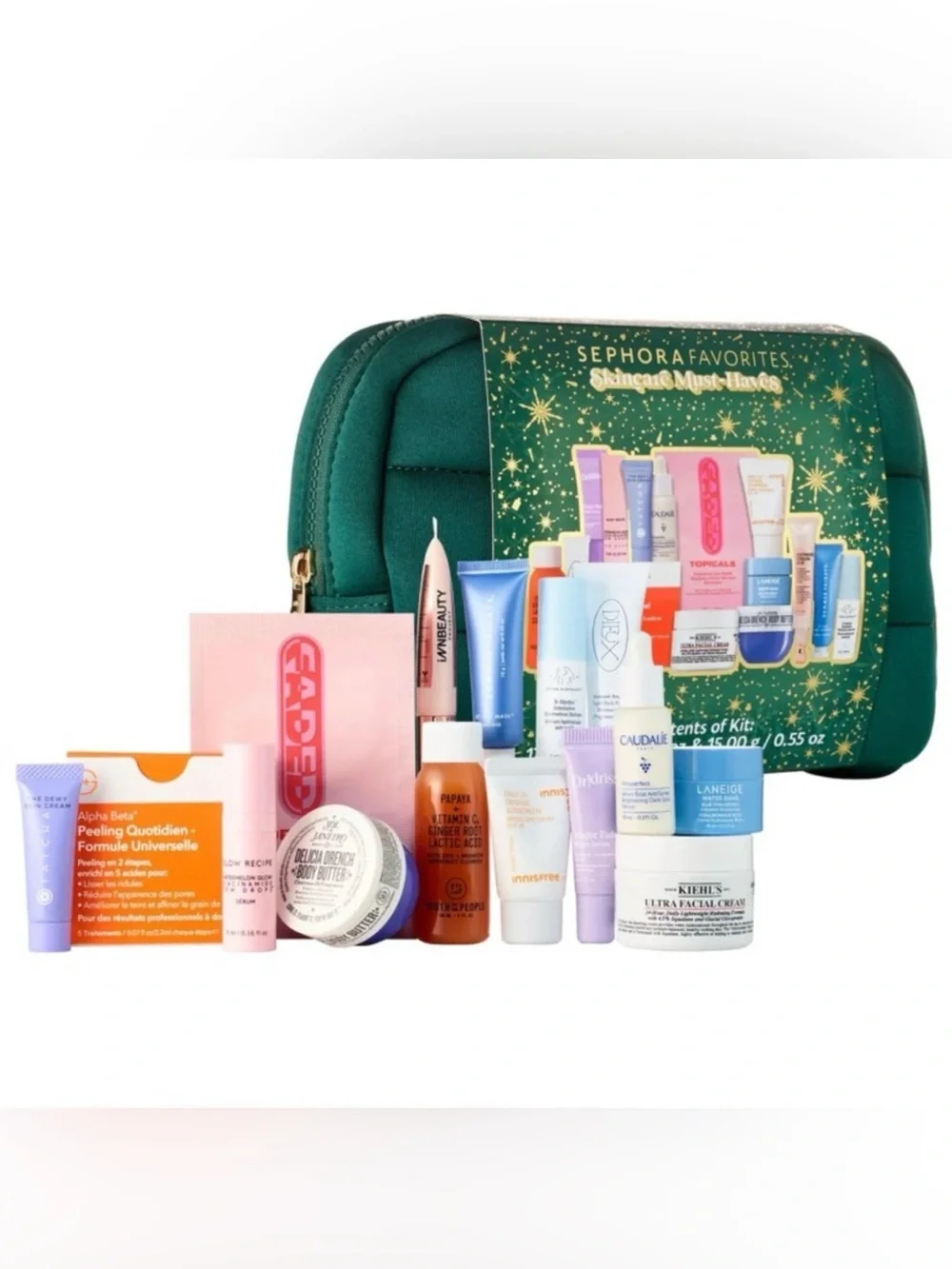 Sephora Green Quilted Skincare Pouch with Assorted Multicolor Sample Tubes
